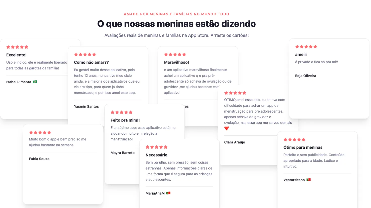 Section of Soso's website with cards showing five-star App Store reviews written by girls and families, in Portuguese.
